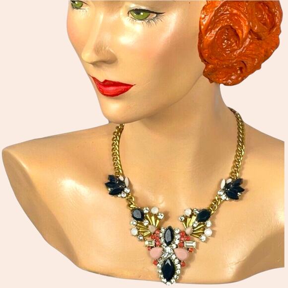 Vintage J Crew Necklace Statement Bib Black Pink Rhinestone Gold Tone Chain - Picture 1 of 14